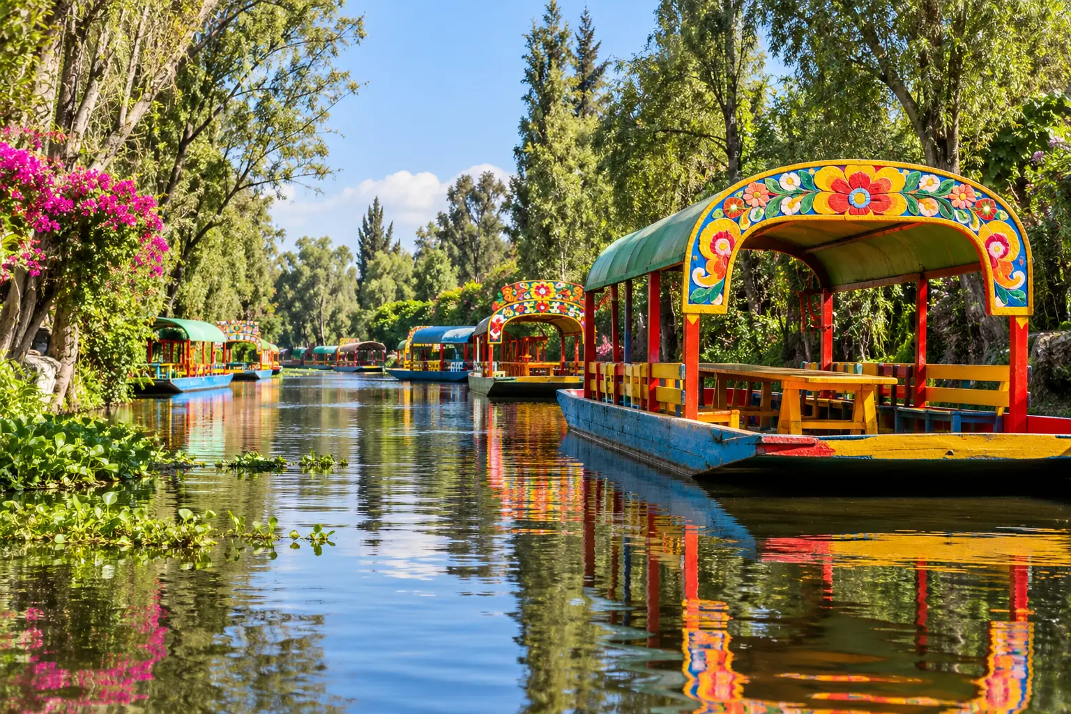 Trajineras coloridas en los canales de Xochimilco
